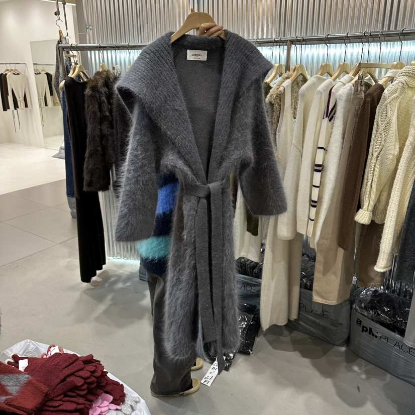 ALEGRE韓國直郵㊣女士新款時尚休閑中長款大衣安哥拉含腰帶ALEGRE中長款大衣