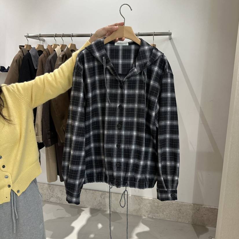 ANDMORE BUTTON東大門㊣實拍女士新品真品25秋冬夾克連帽衫格紋ANDMORE BUTTON夾克