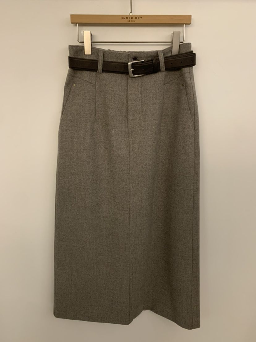 UNDER KEY韓國代購㊣女裝新款熱賣真品職業長裙含腰帶羊毛UNDER KEY長裙