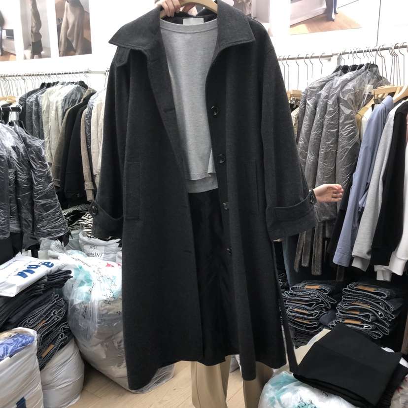 MOI-A東大門㊣實拍女士新品職業中長款大衣不含內搭含腰帶羊毛超長MOI-A中長款大衣