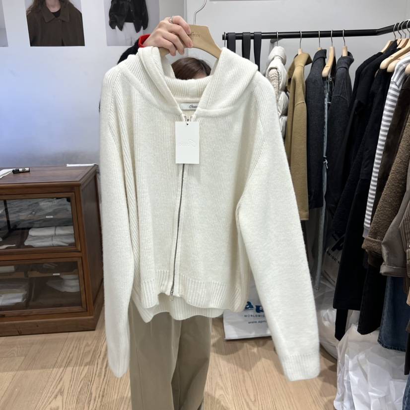 OURIN韓國直郵㊣女士新品25秋冬熱賣職業針織衫羊皮拉鏈兜帽OURIN針織衫