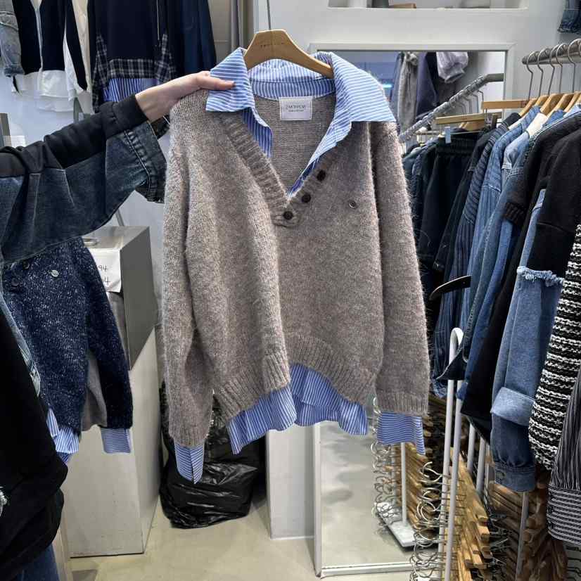 2MORROW東大門㊣代購女裝新品時尚推薦休閑針織衫假兩件紐扣2MORROW針織衫