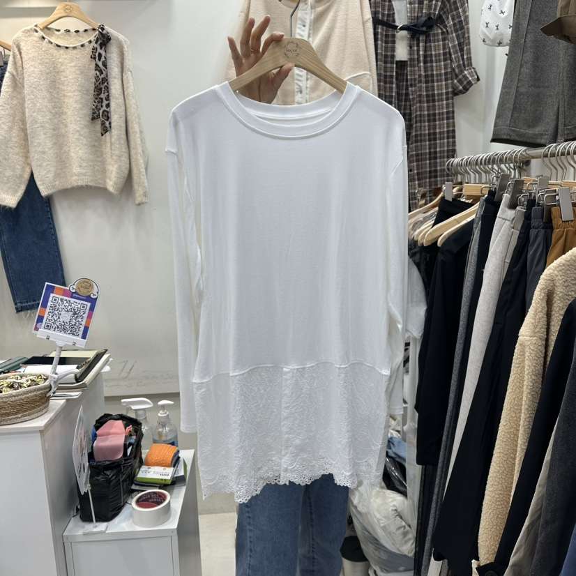 HOJAE東大門㊣代購女裝新款職業推薦休閑真品熱賣長袖T恤蕾絲MID-LEVEL JUMP長袖T恤