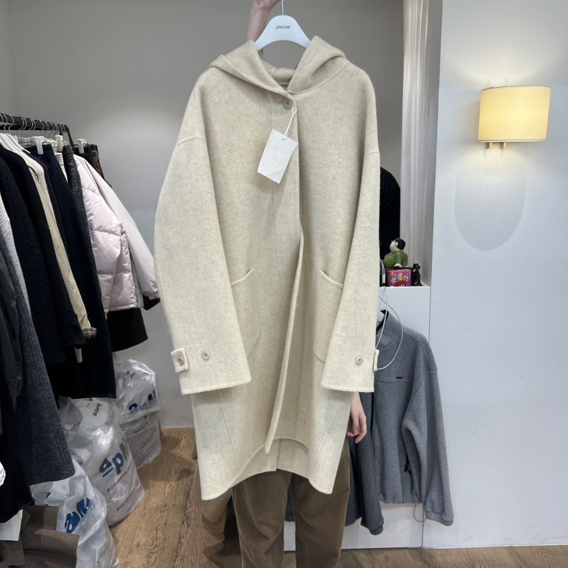 JINSIM韓國代購㊣女裝新款人氣時尚熱賣真品中長款大衣連帽JINSIM中長款大衣