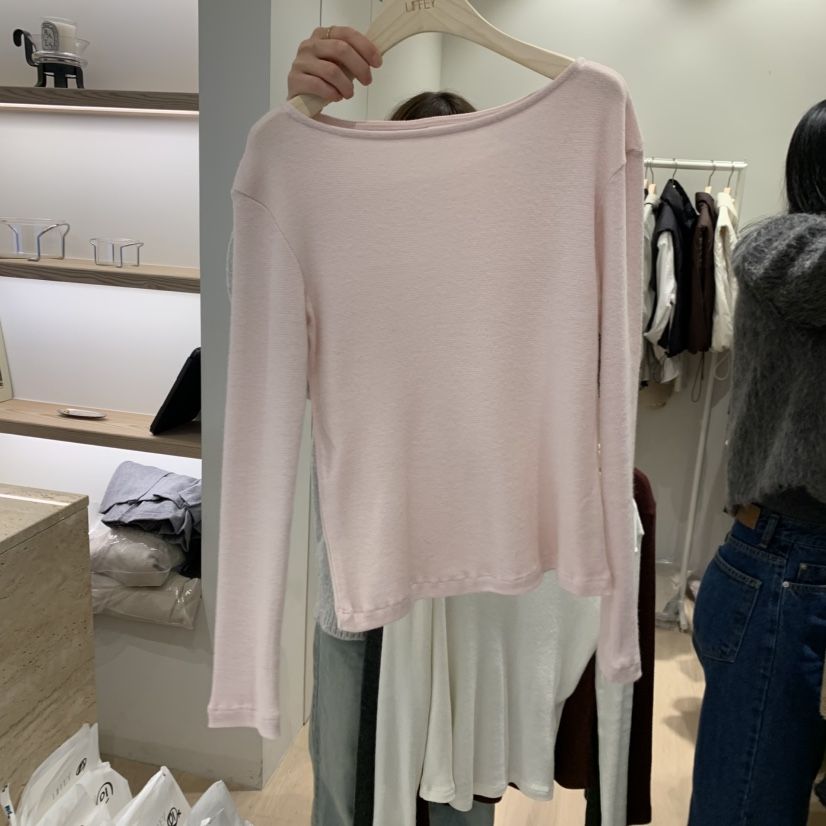 LIFFEY東大門㊣實拍女裝新品25秋冬休閑熱賣長袖T恤安哥拉船領LIFFEY長袖T恤