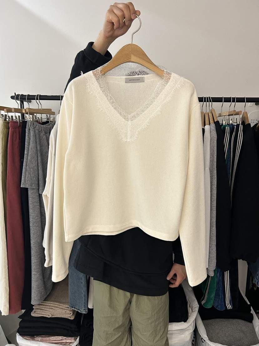 AS THOUGHT東大門㊣代購女士新品真品人氣職業長袖T恤V領蕾絲AS THOUGHT長袖T恤