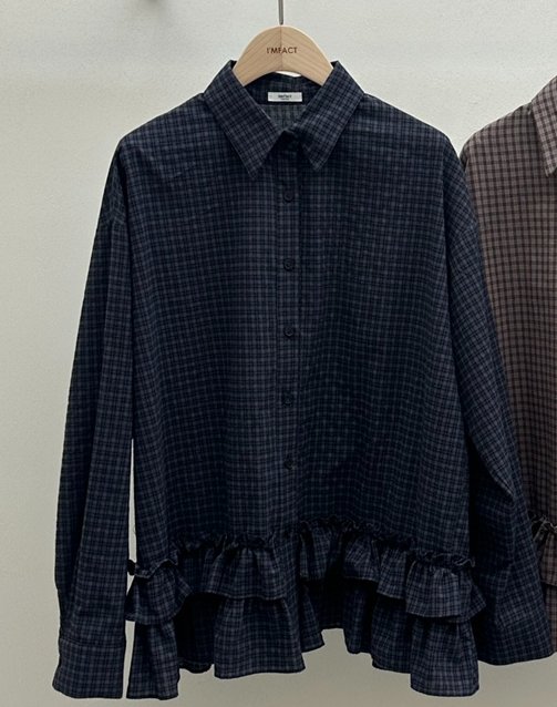 I MFACT韓國直郵㊣女裝新款熱賣襯衫蕾絲衫不含腰帶荷葉邊格紋I MFACT襯衫/蕾絲衫