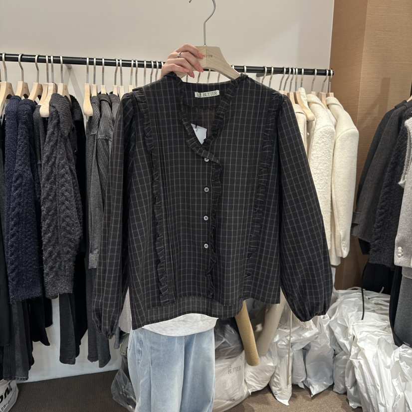 LE BUTTER韓國直郵㊣女裝新品人氣時尚襯衫蕾絲衫格紋褶皺LE BUTTER襯衫/蕾絲衫