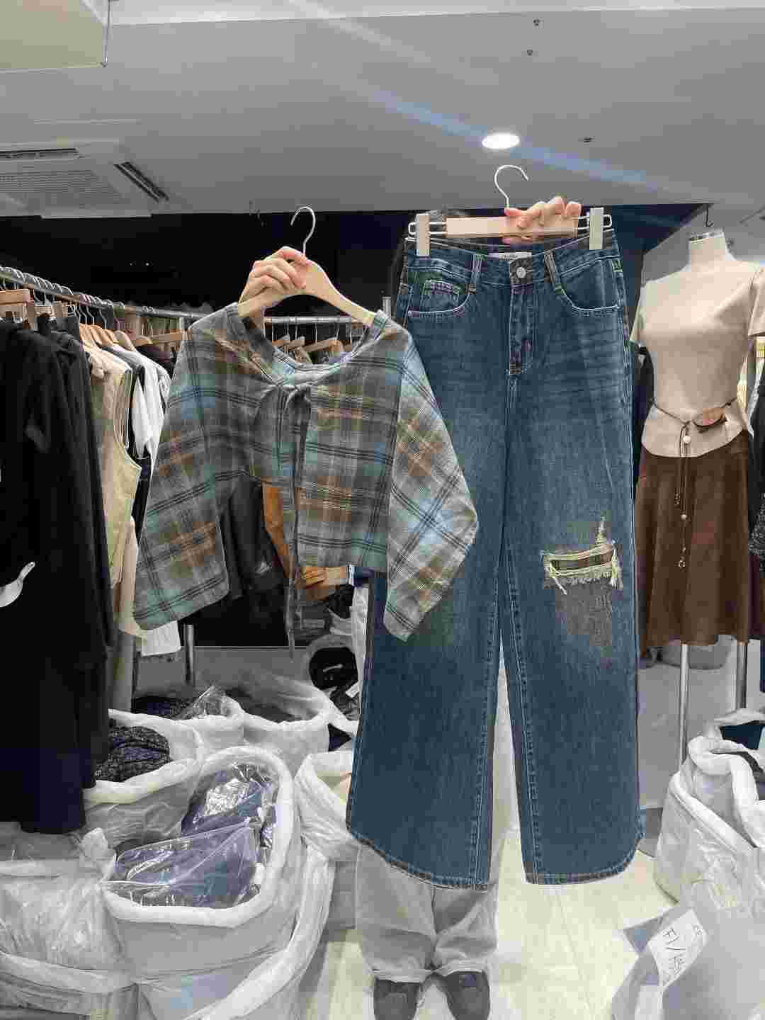 CELLONA東大門㊣實拍女裝新款25秋冬真品熱賣牛仔褲兩件套格紋CELLONA牛仔褲