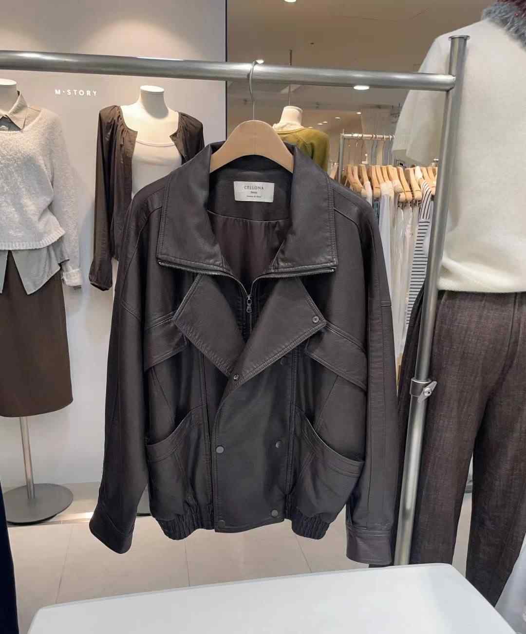 CELLONA東大門㊣代購女士新款人氣25秋冬推薦夾克皮革雙層寬松CELLONA夾克