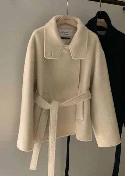 ANDYOUBROWN韓國直郵㊣女士新款休閑短款大衣含腰帶手工高領ANDYOUBROWN短款大衣