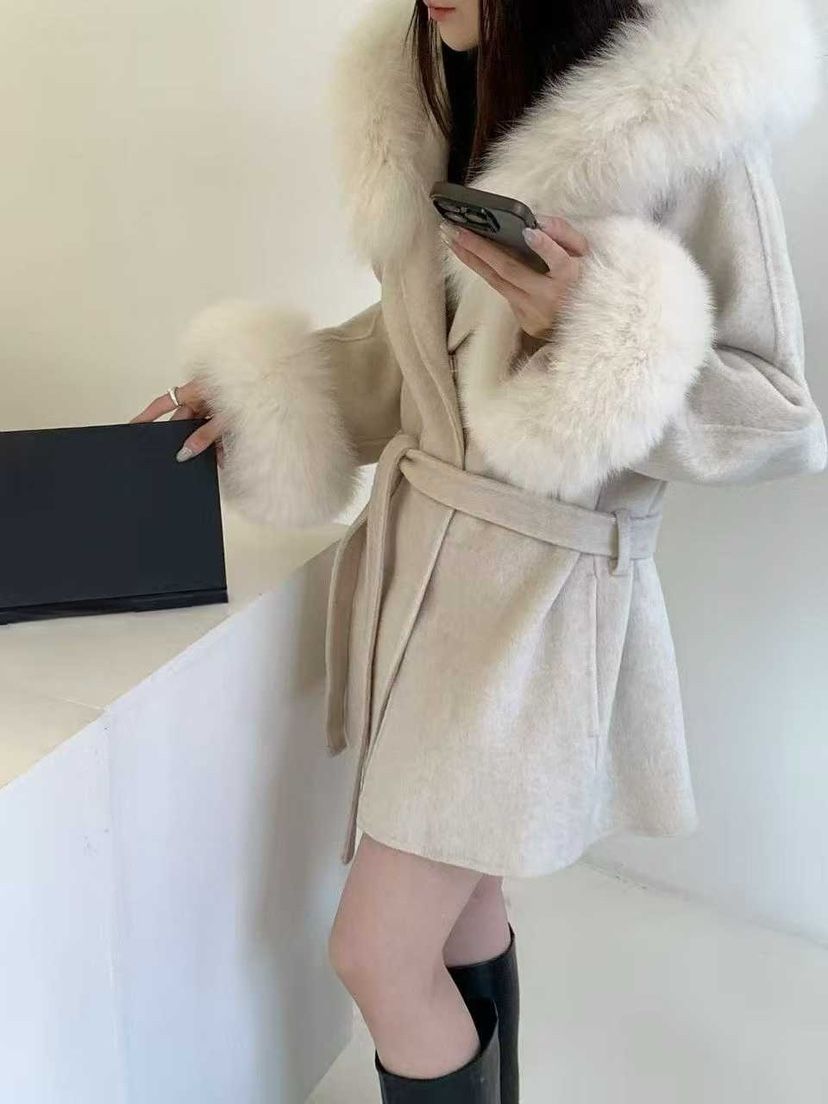 CRONG韓國直郵㊣女裝新款時尚職業中長款大衣含腰帶皮草連帽CRONG中長款大衣