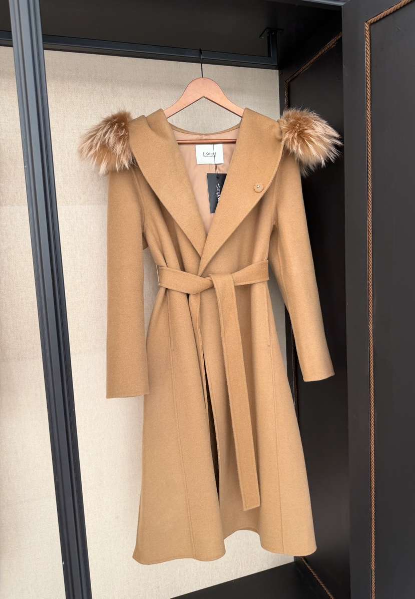 DAZE東大門㊣代購女裝新款人氣中長款大衣手工制作含腰帶浣熊兜帽LAVIEU中長款大衣