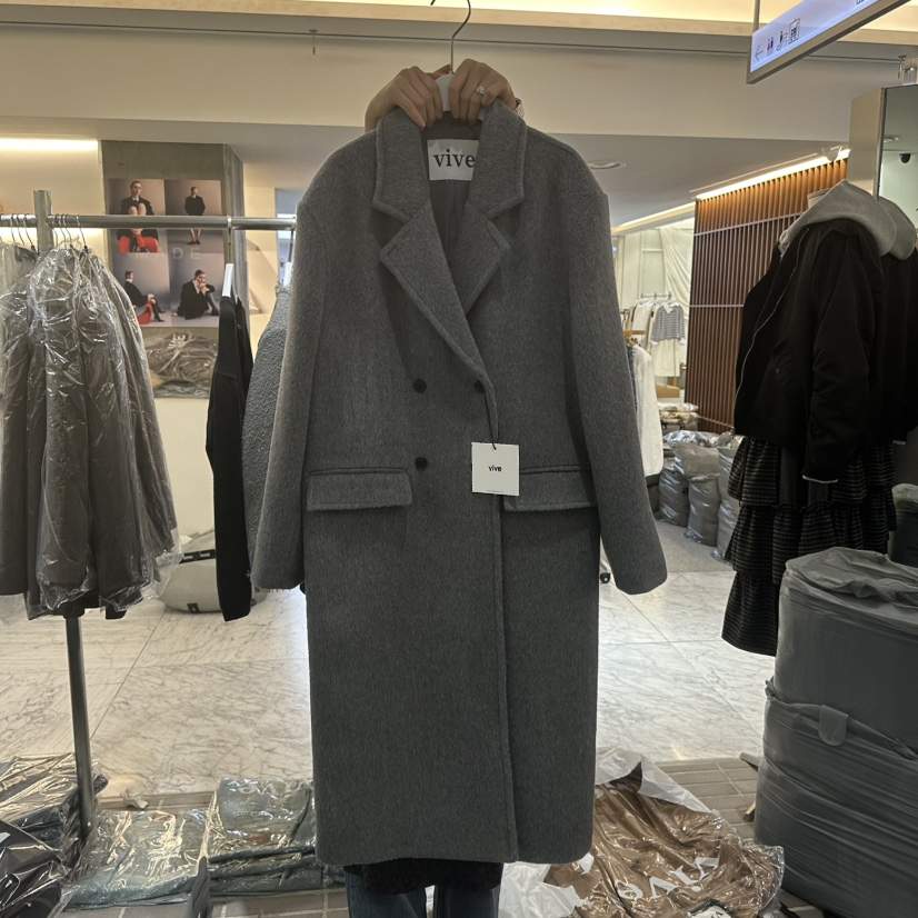 VIVE東大門㊣代購女裝新款時尚熱賣中長款大衣雙排扣羊毛長款VIVE中長款大衣