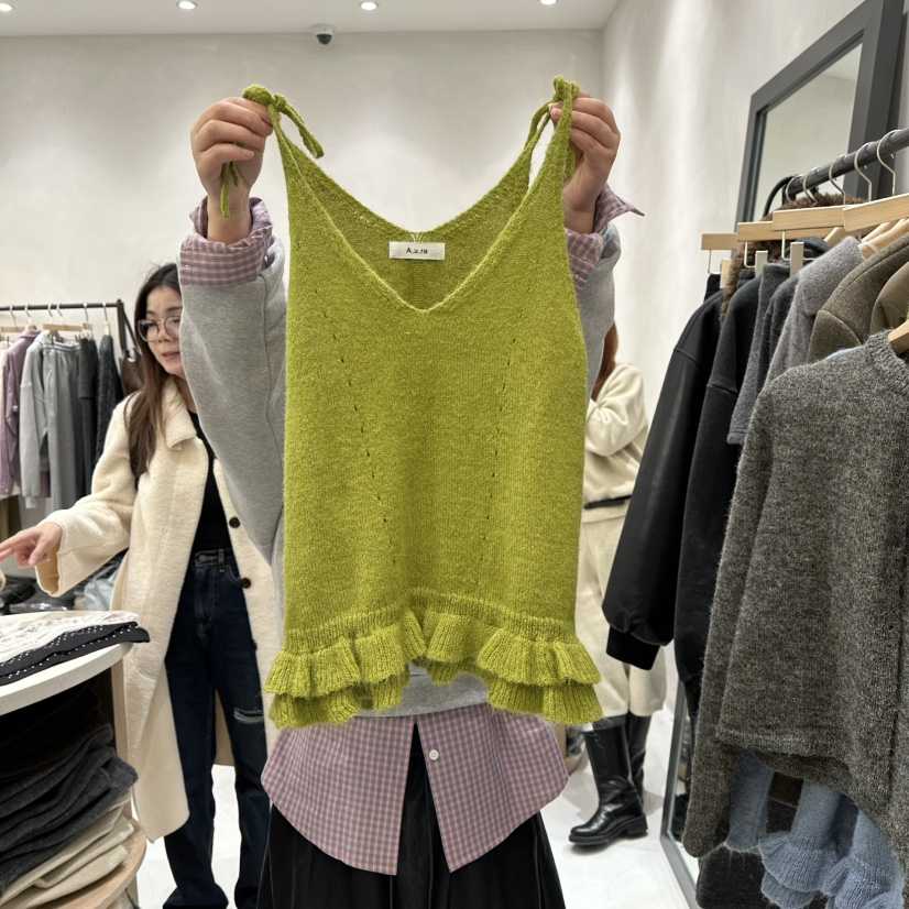 AURA韓國代購㊣女士新品人氣時尚真品休閑推薦吊帶背心荷葉邊Au ra吊帶/背心