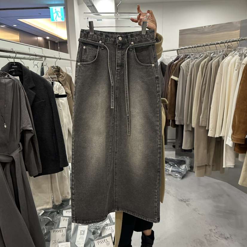 PAVEL東大門㊣實拍女士新款人氣休閑25秋冬長裙水洗牛仔布含腰繩PAVEL長裙