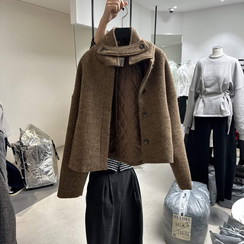 BETHEL東大門㊣實拍女裝新款25秋冬推薦休閑短款大衣人字紋BETHEL短款大衣