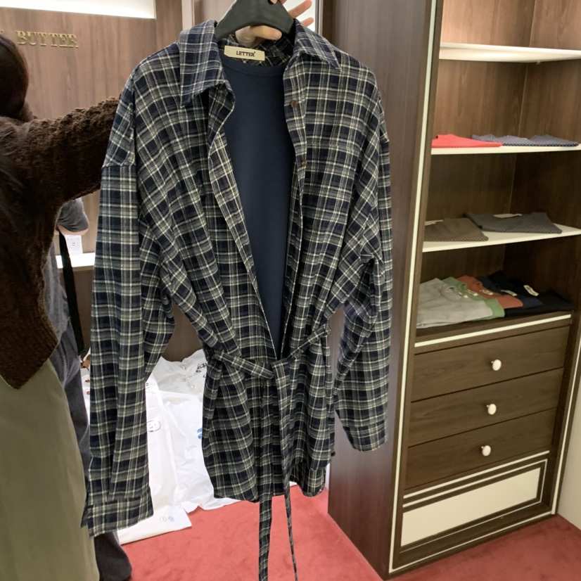 PEANUT BUTTER東大門㊣代購女裝新款熱賣襯衫蕾絲衫含腰帶格子PEANUT BUTTER襯衫/蕾絲衫