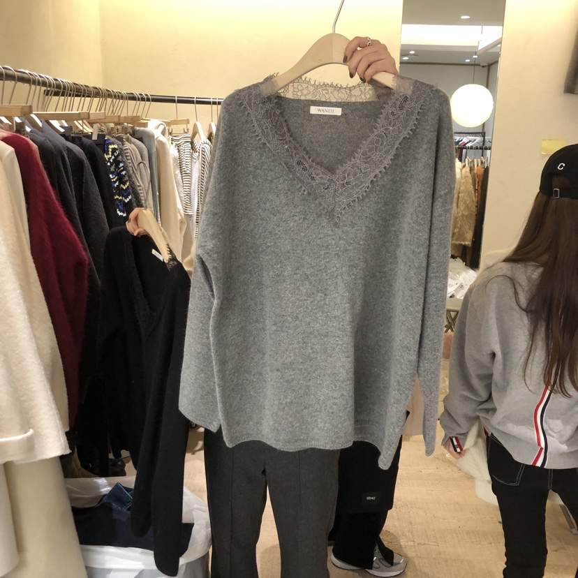 W AND J韓國代購㊣女士新款推薦25秋冬休閑職業針織衫蕾絲W AND J針織衫