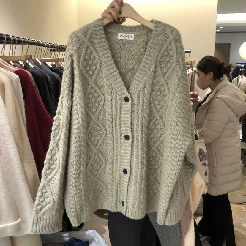 W AND J東大門㊣代購女士新款真品25秋冬職業毛衣網眼開衫W AND J毛衣