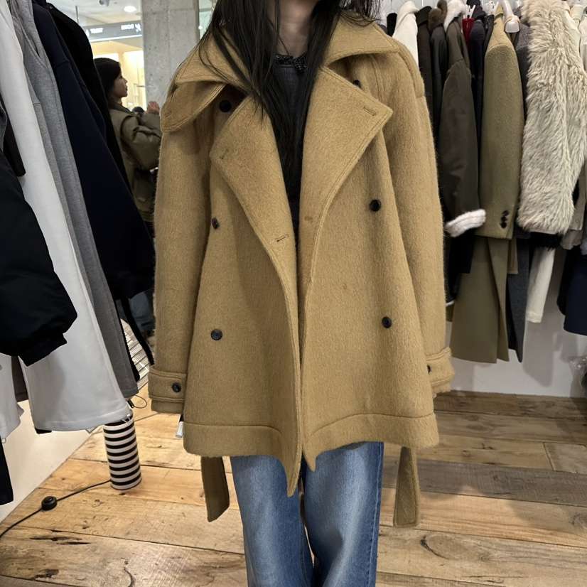 CREAM VILLA東大門㊣直郵女裝新品職業短款大衣羊駝毛含腰帶CREAMVILLA短款大衣