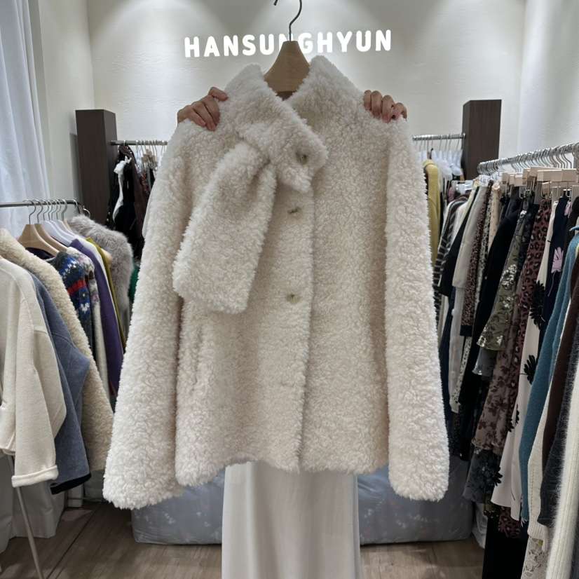HANSUNGHYUN東大門㊣實拍女士新品休閑真品夾克羊毛圍巾含圍巾HANSUNGHYUN夾克