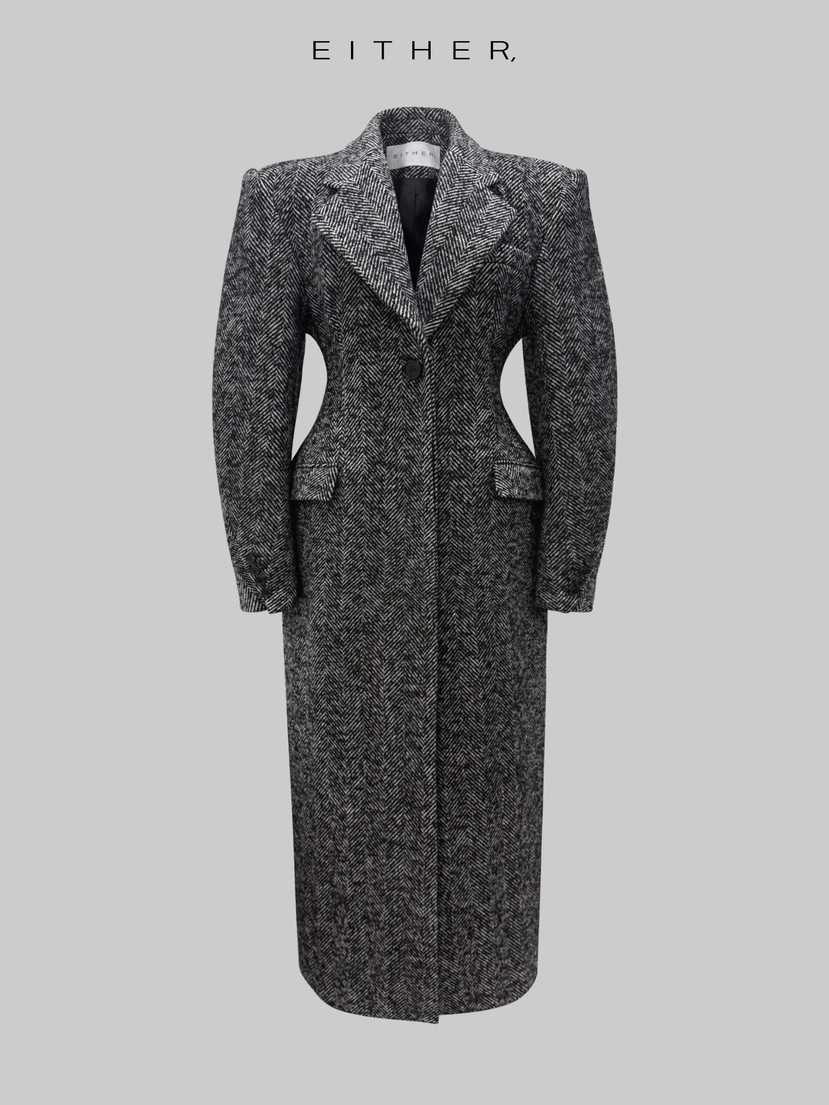 EITHER韓國代購㊣女裝新款熱賣職業時尚25秋冬中長款大衣單排扣EITHER中長款大衣