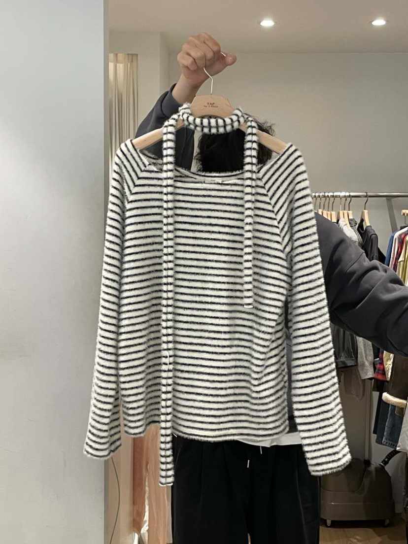 TAF韓國直郵㊣女裝新款真品推薦休閑時尚熱賣長袖T恤圍巾條紋TAF長袖T恤