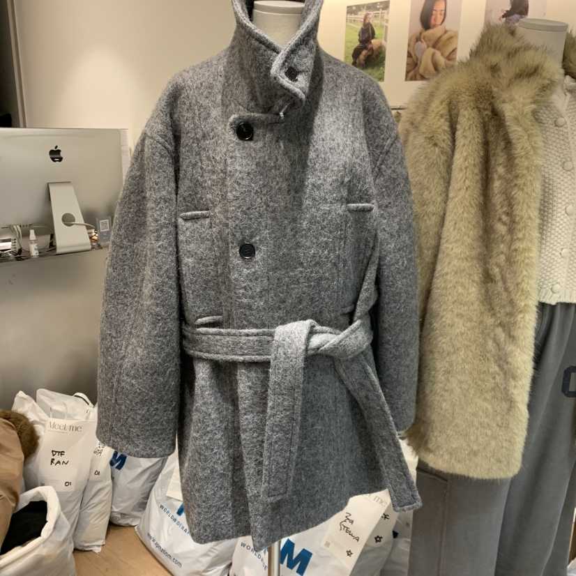 MEET ME東大門㊣直郵女裝新款真品熱賣短款大衣含腰帶羊駝MEET ME短款大衣