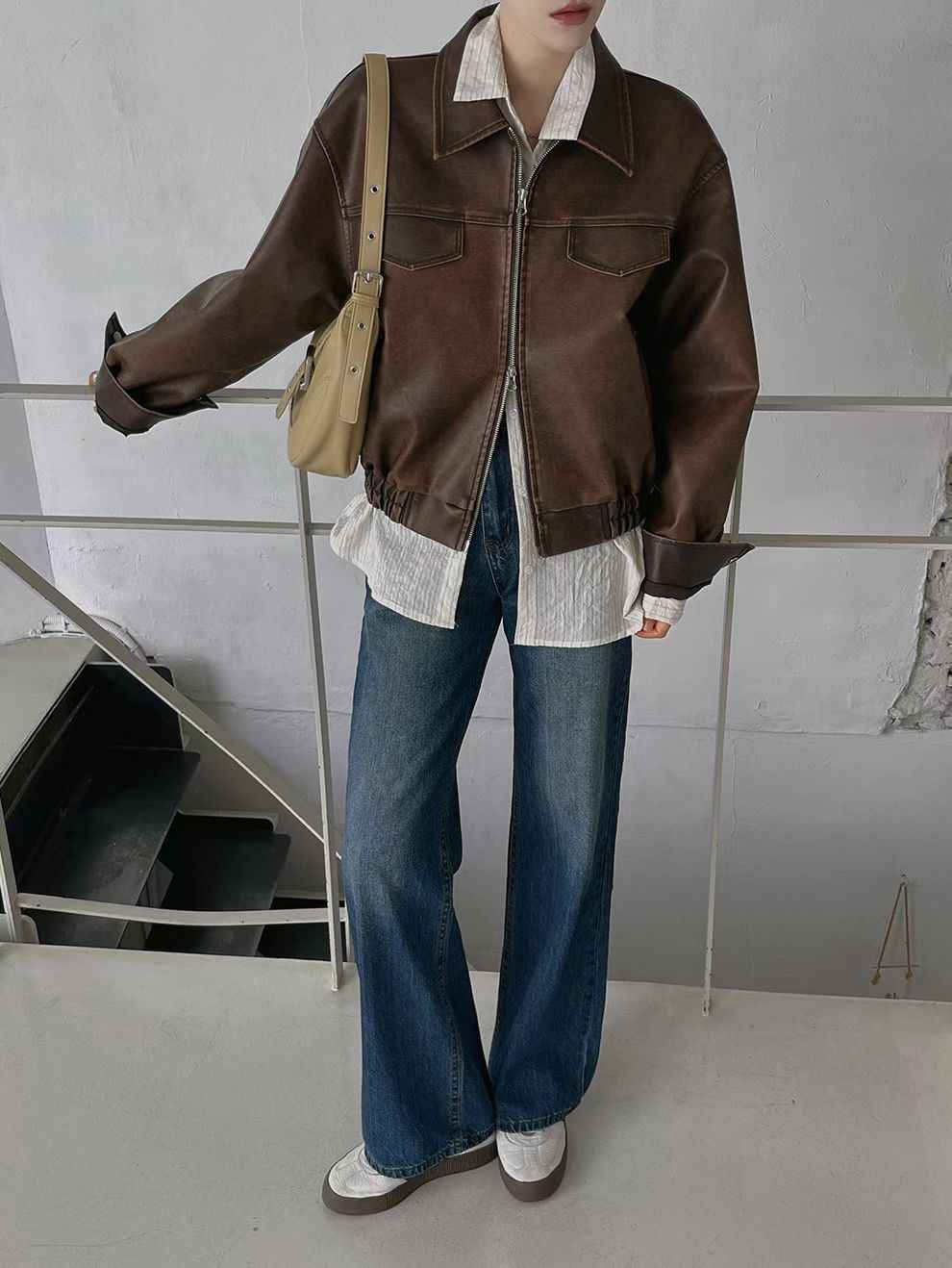 FAVOR韓國直郵㊣女士新品熱賣時尚人氣休閑25秋冬夾克水洗皮革ARRICCHISI夾克