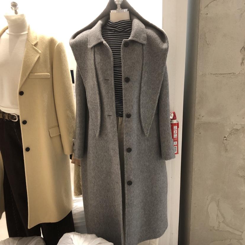 ANN MARGRET韓國直郵㊣女士新品休閑中長款大衣羊駝毛含帽子斗篷連帽GRETA.Y中長款大衣