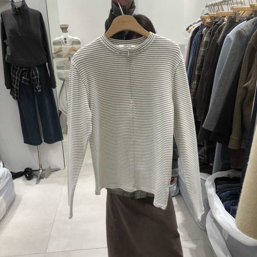 ANN MARGRET韓國直郵㊣女裝新款職業長袖T恤拉鏈條紋GRETA.Y長袖T恤