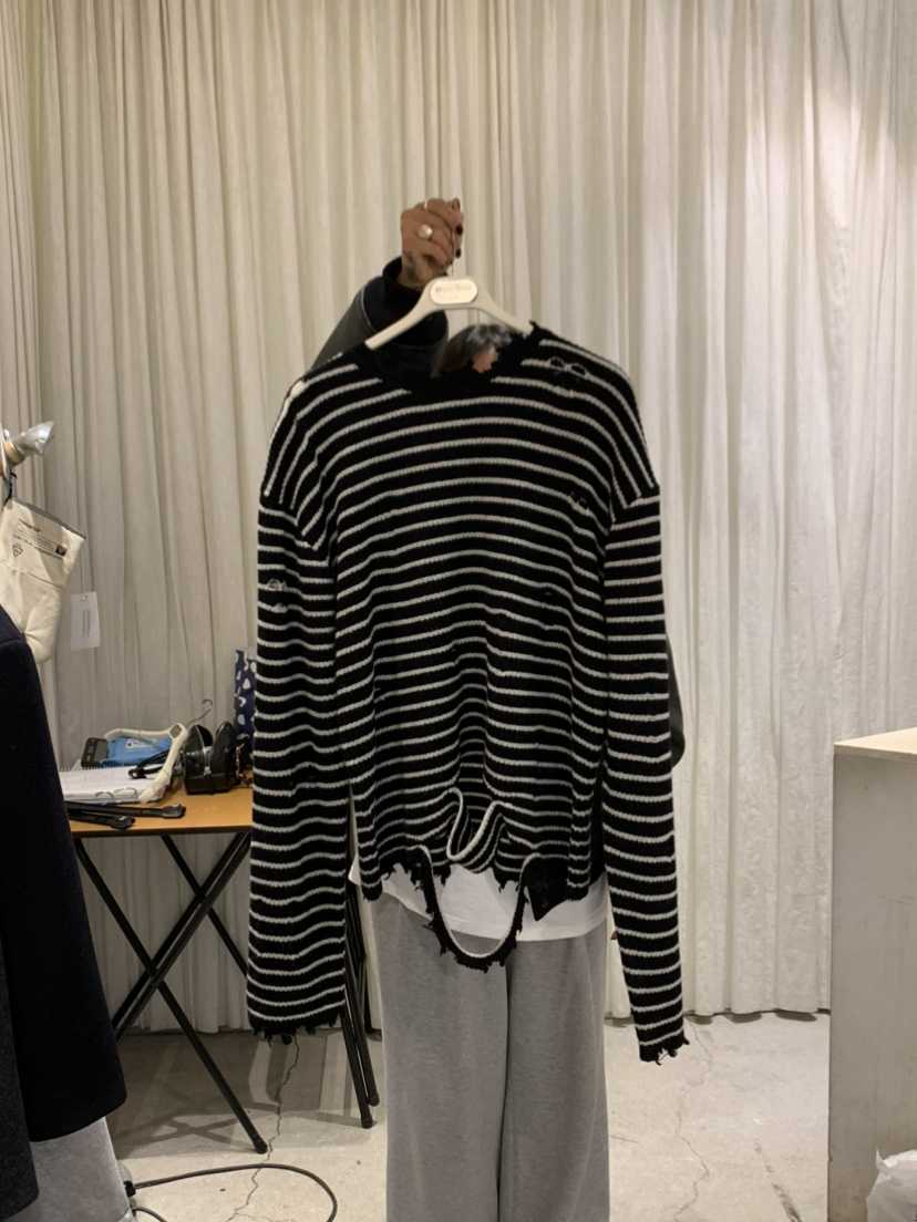 PAPERMOON韓國直郵㊣女士新款熱賣長袖T恤羊毛復古條紋鏤空paper moon長袖T恤