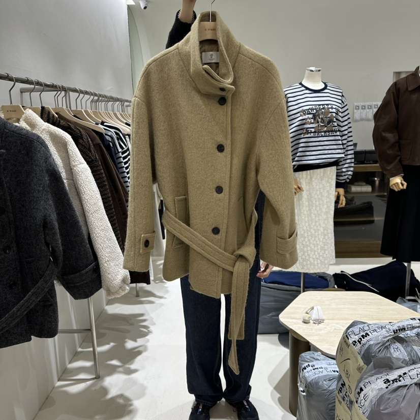 A WANT韓國代購㊣女士新品25秋冬職業短款大衣含腰帶羊毛高領A WANT短款大衣