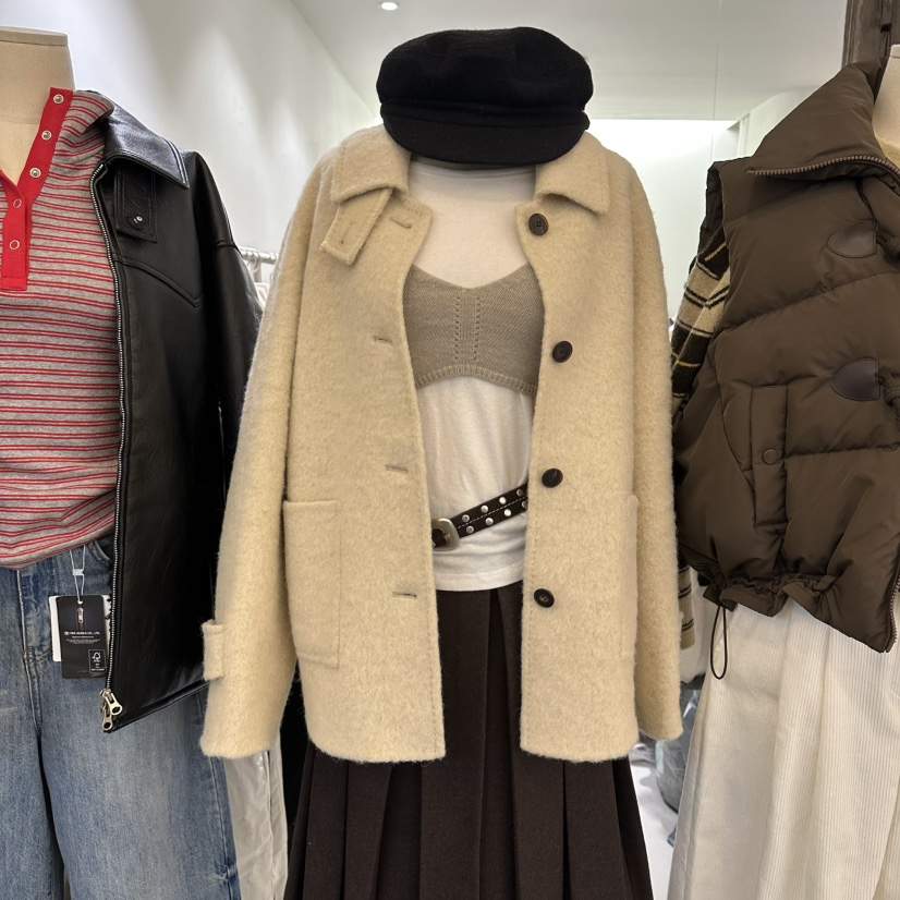 AVECNOUS韓國代購㊣女士新品真品推薦時尚25秋冬短款大衣羊駝AVECNOUS短款大衣