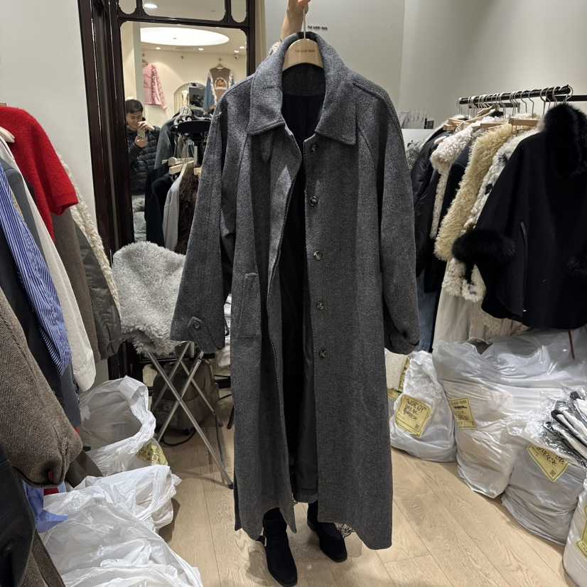 THEMORYPARK東大門㊣實拍女士新品人氣中長款大衣人字形含腰帶THE MORY PARK中長款大衣