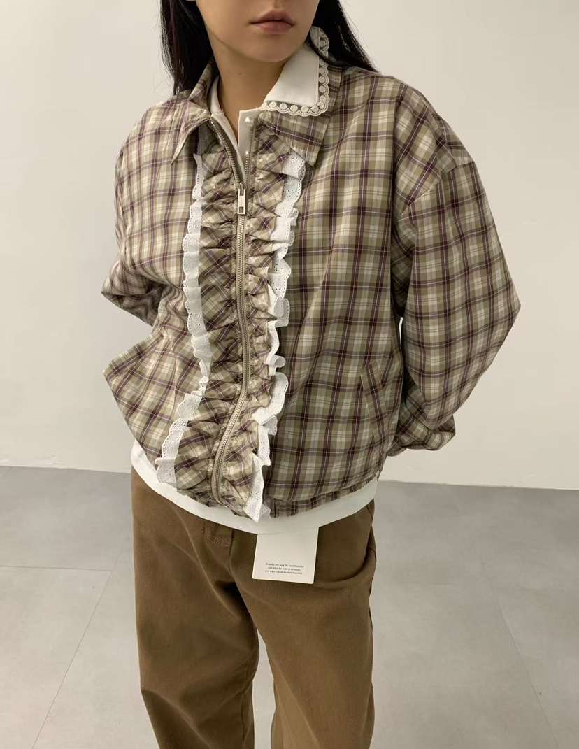 J CRANE-A東大門㊣實拍女裝新品人氣25秋冬夾克荷葉邊格紋J CRANE夾克