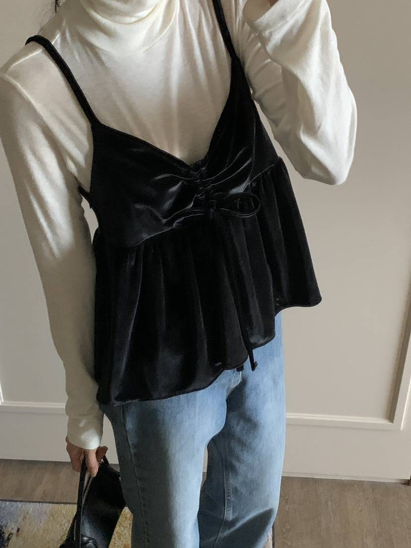 FRILL-T韓國代購㊣女裝新品時尚職業吊帶背心不含內搭天鵝絨FRILL-T吊帶/背心