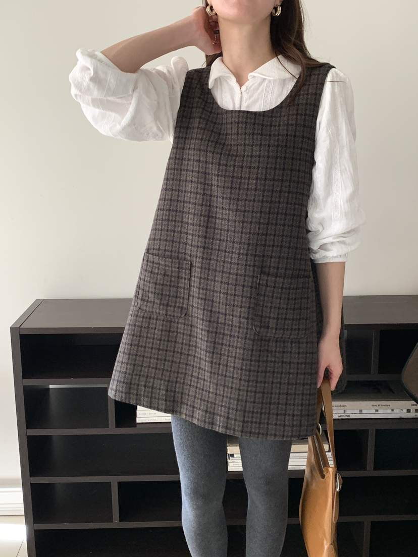 FRILL-T東大門㊣實拍女裝新款職業推薦連衣裙不含內搭格子FRILL-T連衣裙