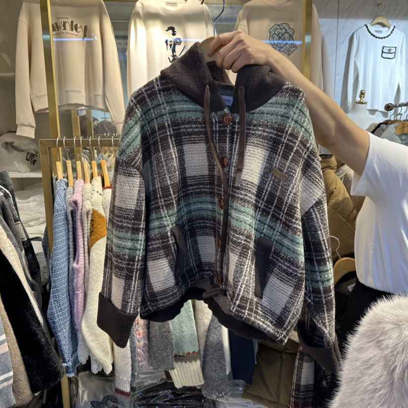 COCO HOLIC韓國代購㊣女士新品25秋冬職業熱賣夾克格子連帽COCO HOLIC夾克