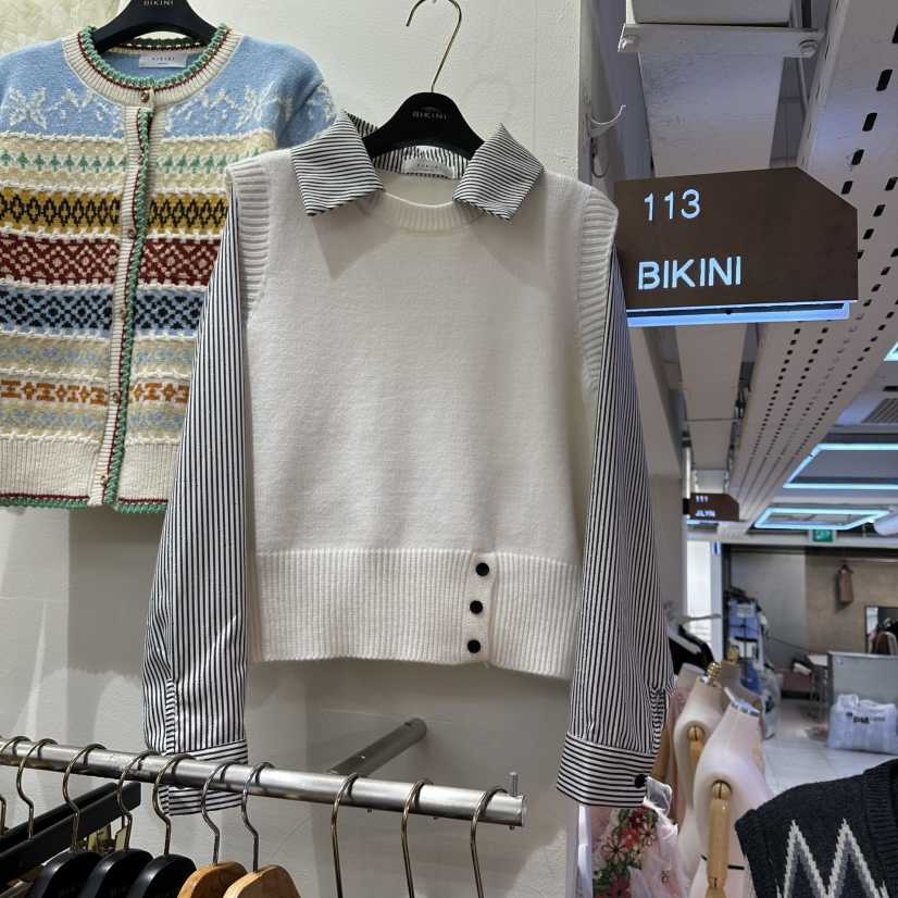 BIKINI韓國直郵㊣女士新款休閑熱賣時尚人氣25秋冬針織衫假兩件BIKINI針織衫