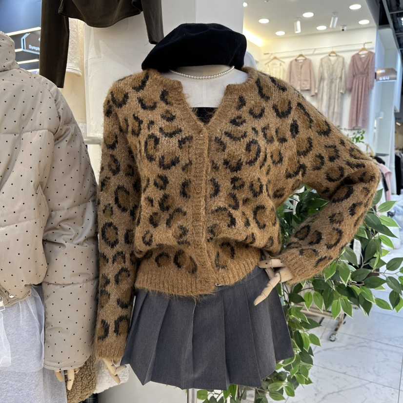 UNDERSTAR_VINTAGE韓國直郵㊣女裝新款休閑針織衫安哥拉羊毛衫豹紋UNDERSTAR_VINTAGE針織衫