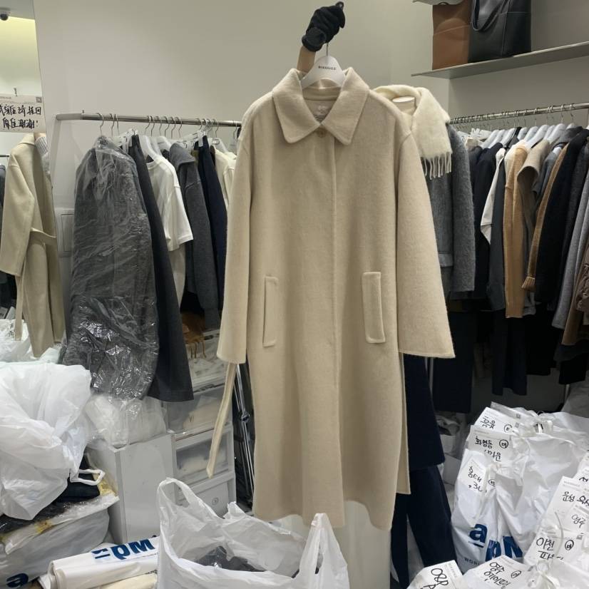 WOOD SAGE韓國代購㊣女裝新款人氣中長款大衣含腰帶馬海毛手工WOOD SAGE中長款大衣