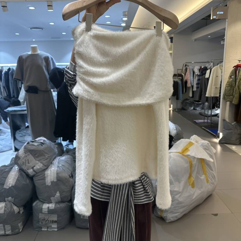 RENDER東大門㊣代購女士新品25秋冬針織衫不含項鏈安哥拉露肩RENDER針織衫