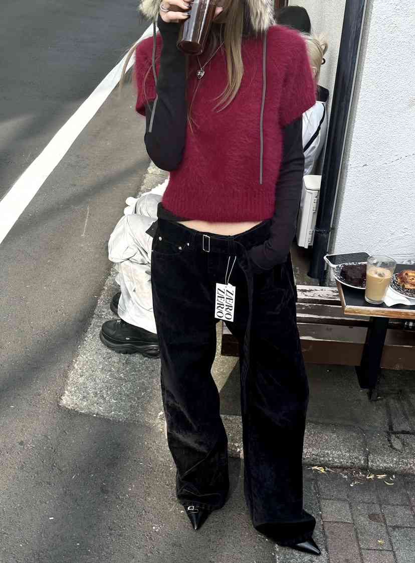 ZEROZERO韓國直郵㊣女裝新款熱賣人氣時尚休閑褲天鵝絨含腰帶ZEROZERO休閑褲