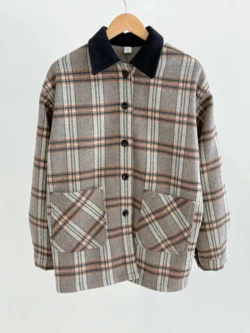 BINUS韓國代購㊣女士新款休閑職業推薦時尚短款大衣羊毛格紋BINUS短款大衣