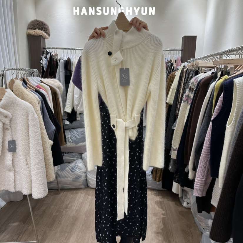 HANSUNGHYUN東大門㊣代購女裝新品職業25秋冬毛衣羊毛拉鏈腰帶HANSUNGHYUN毛衣