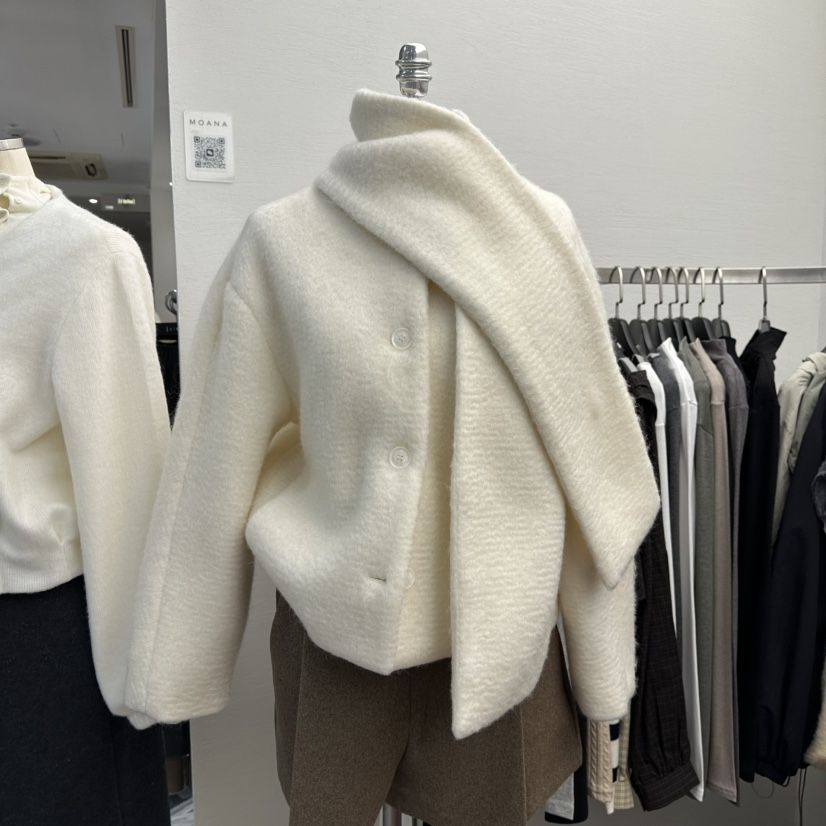 MOANA東大門㊣實拍女士新品休閑時尚人氣職業短款大衣含圍巾MOANA短款大衣