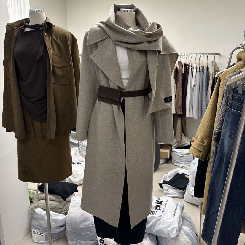 NOPSIS東大門㊣直郵女士新款推薦時尚中長款大衣不含腰帶圍巾NOPSIS中長款大衣