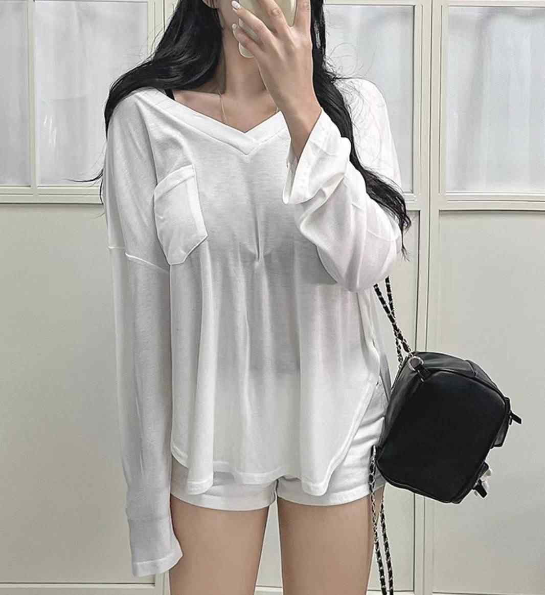 LAURENT東大門㊣代購女裝新款25秋冬休閑長袖T恤V領口袋柔軟LAURENT長袖T恤